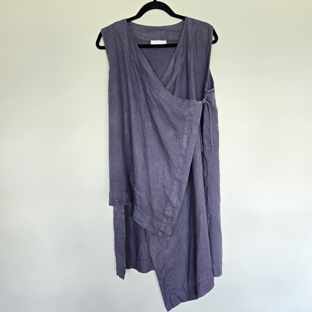 Bryn Walker LINEN Asymmetric Sleeveless Wrap Tunic in Lavender Grey - Picture 2 of 15